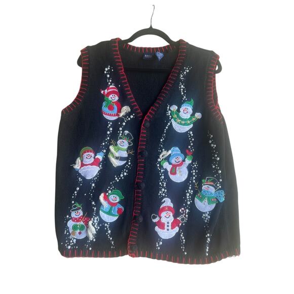 Basic Editions Vintage Vest Snowman & Pearl Embellishments Sweater Black XL - Picture 3 of 9
